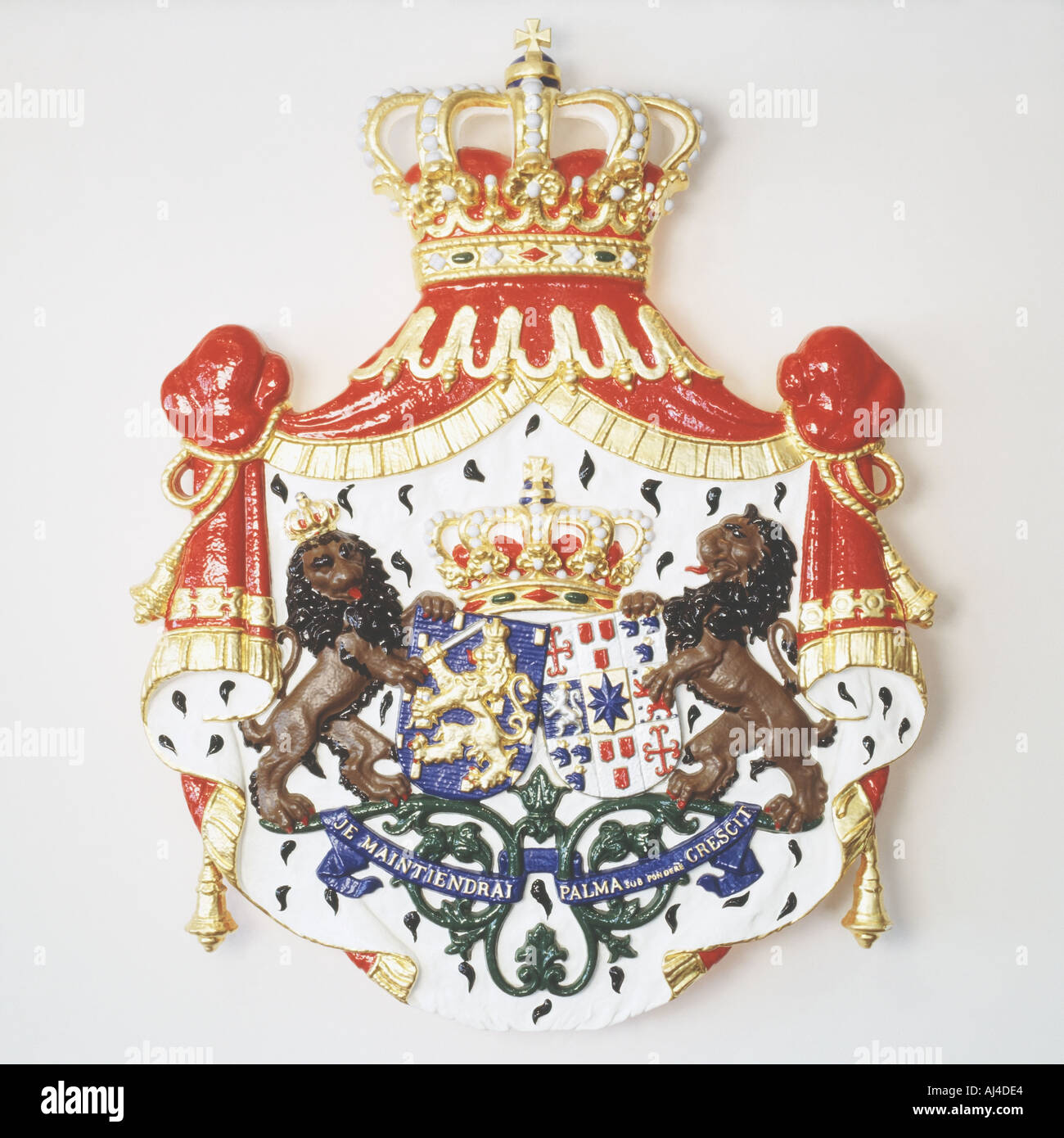 Royal Dutch coat of arms beautifully made painted shield with golden crown lions and the je maintiendrai device Stock Photo