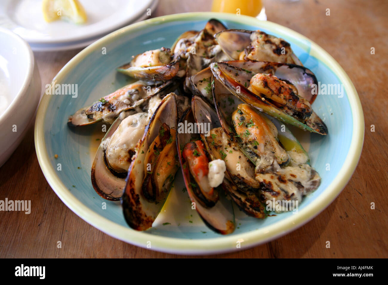 A plate of enormous Green Lipped Mussels cooked with mushrooms and