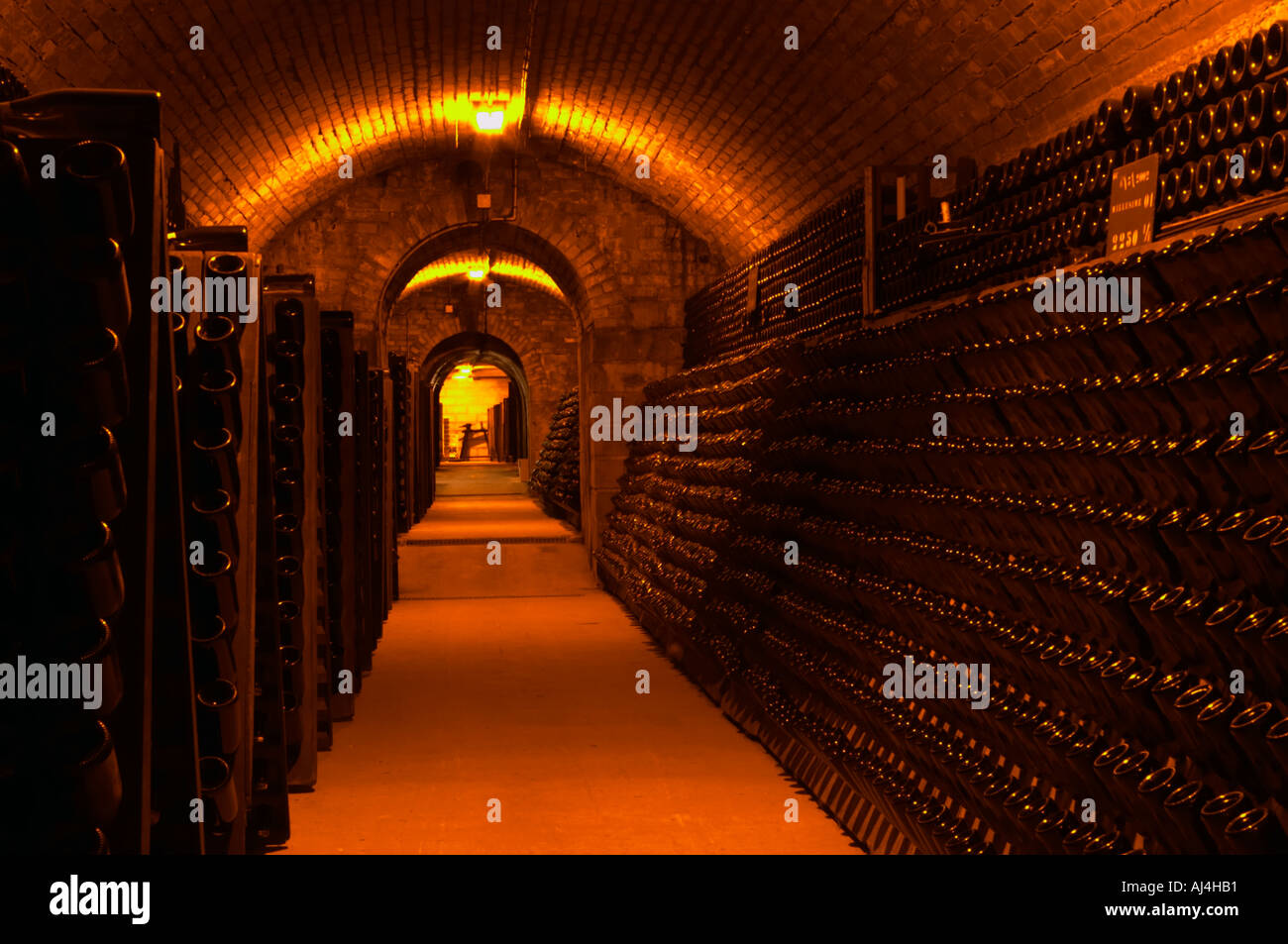 The underground wine cellar, thousands of bottles aging either in pupitres (racks) upside down
