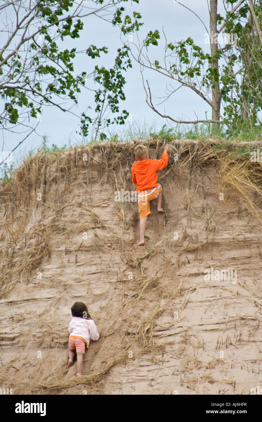 Children Climbing Sand Dune Above Lake Michigan Sleeping Bear Dunes