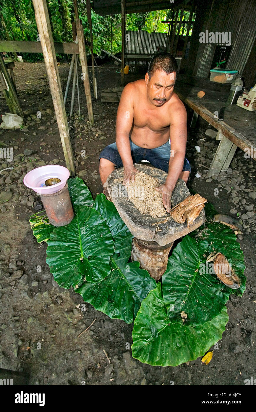 Native man squeezes sakau through strands of hibiscus bark to make mildly intoxicating kava kava drink Stock Photo