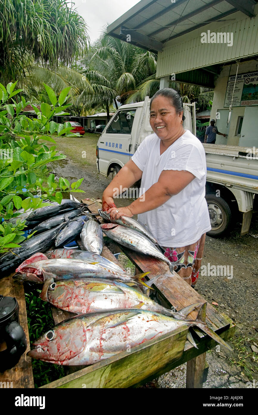 Local woman cleans fresh caught tuna at dock Kosrae Federated States of Micronesia FSM Stock Photo