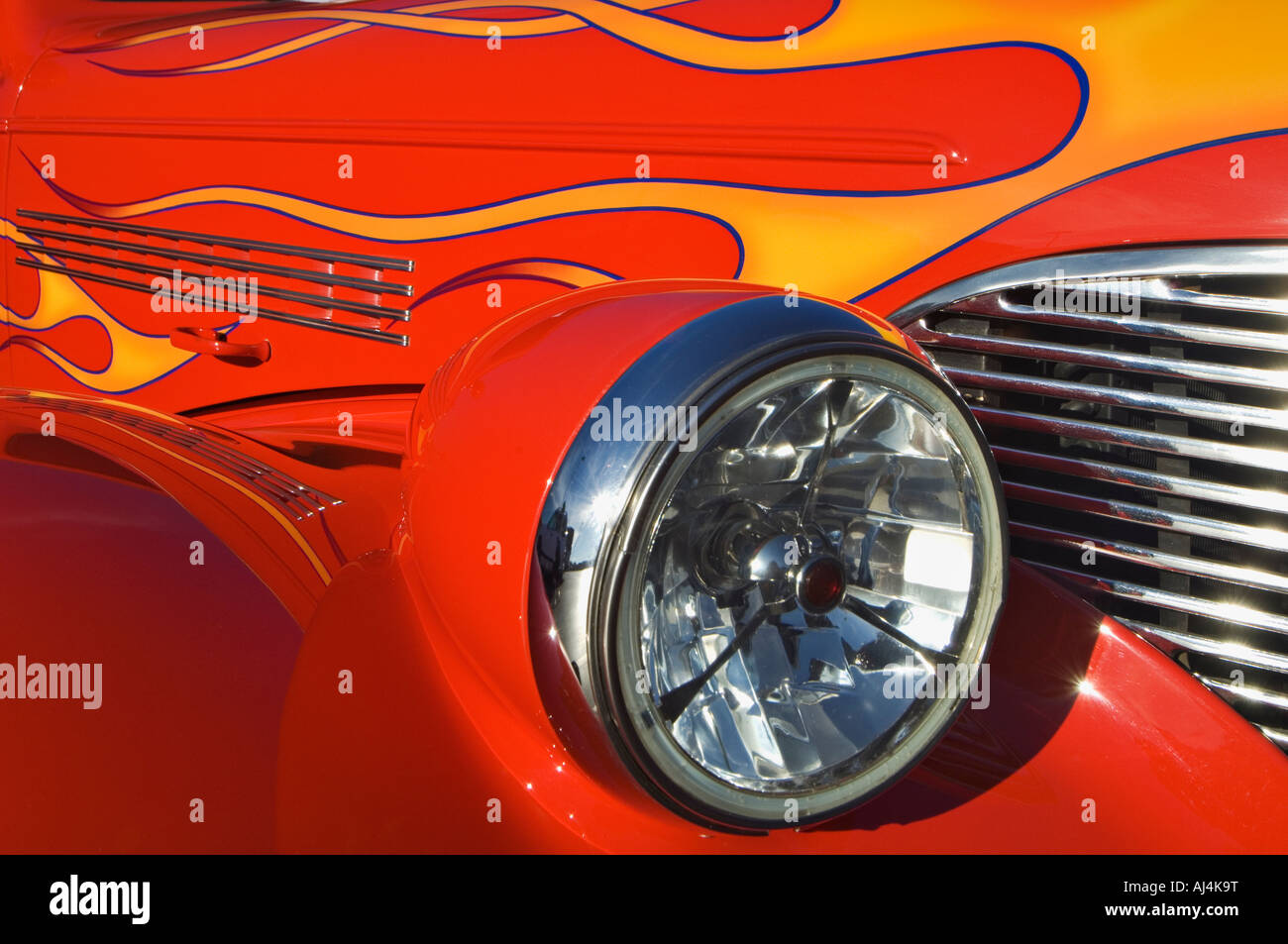 Detail of Head Light Fender Grill and Side of Customized 1939 Chevy Street Rod Stock Photo