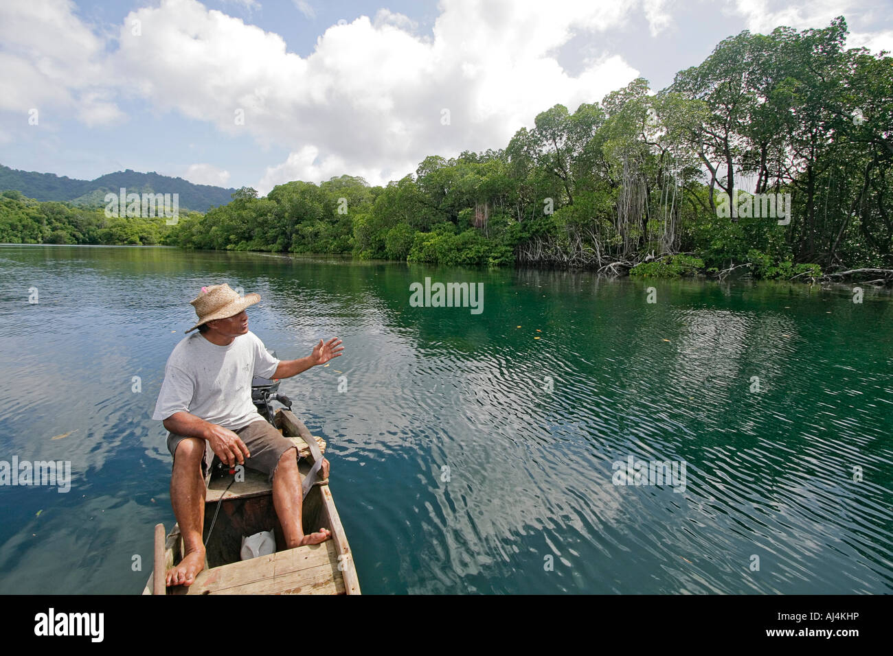 Local man guides native outrigger to edge of mangrove swamp in Kosrae Federated States of Micronesia FSM Stock Photo