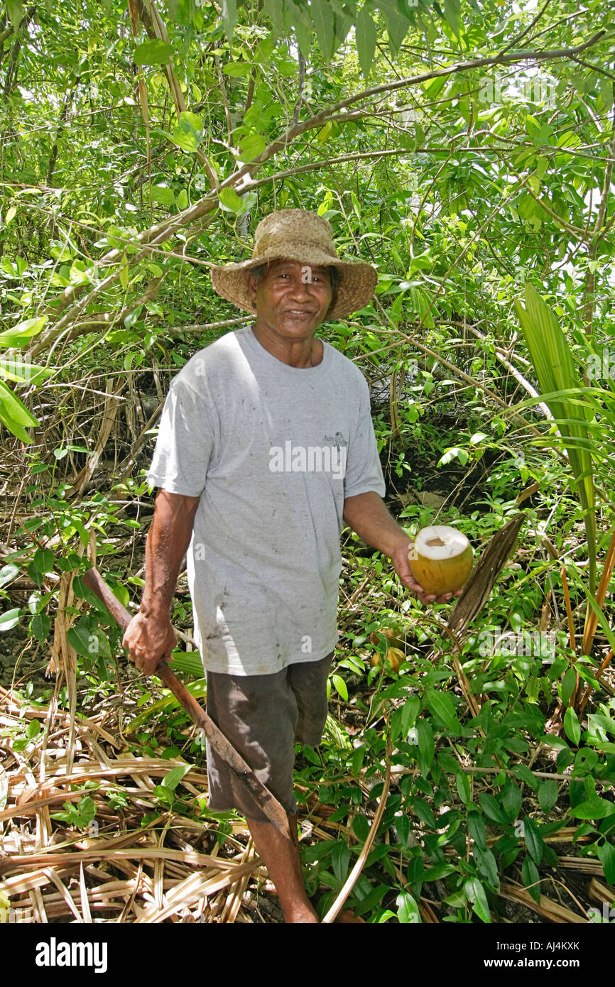 Local native man 62 years old opens coconut in tropical jungle and talks about traditional uses of mangrove plants in Micronesia Stock Photo