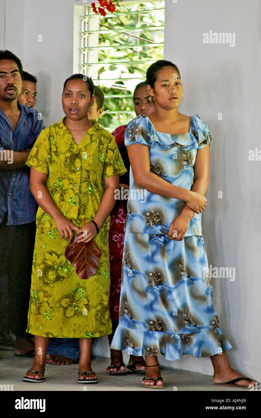Men and women sing during church service in Walung isolated village on Kosrae Federated States of Micronesia FSM Stock Photo