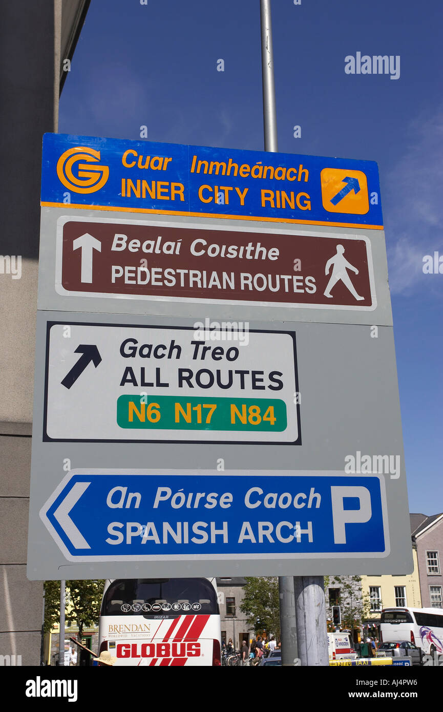 bilingual traffic signs in gaelic and english leading into Galway city