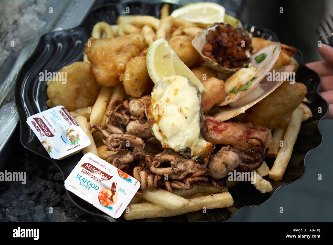 Seafood fish dish platter on sale in Fish Market restaurant Sydney New
