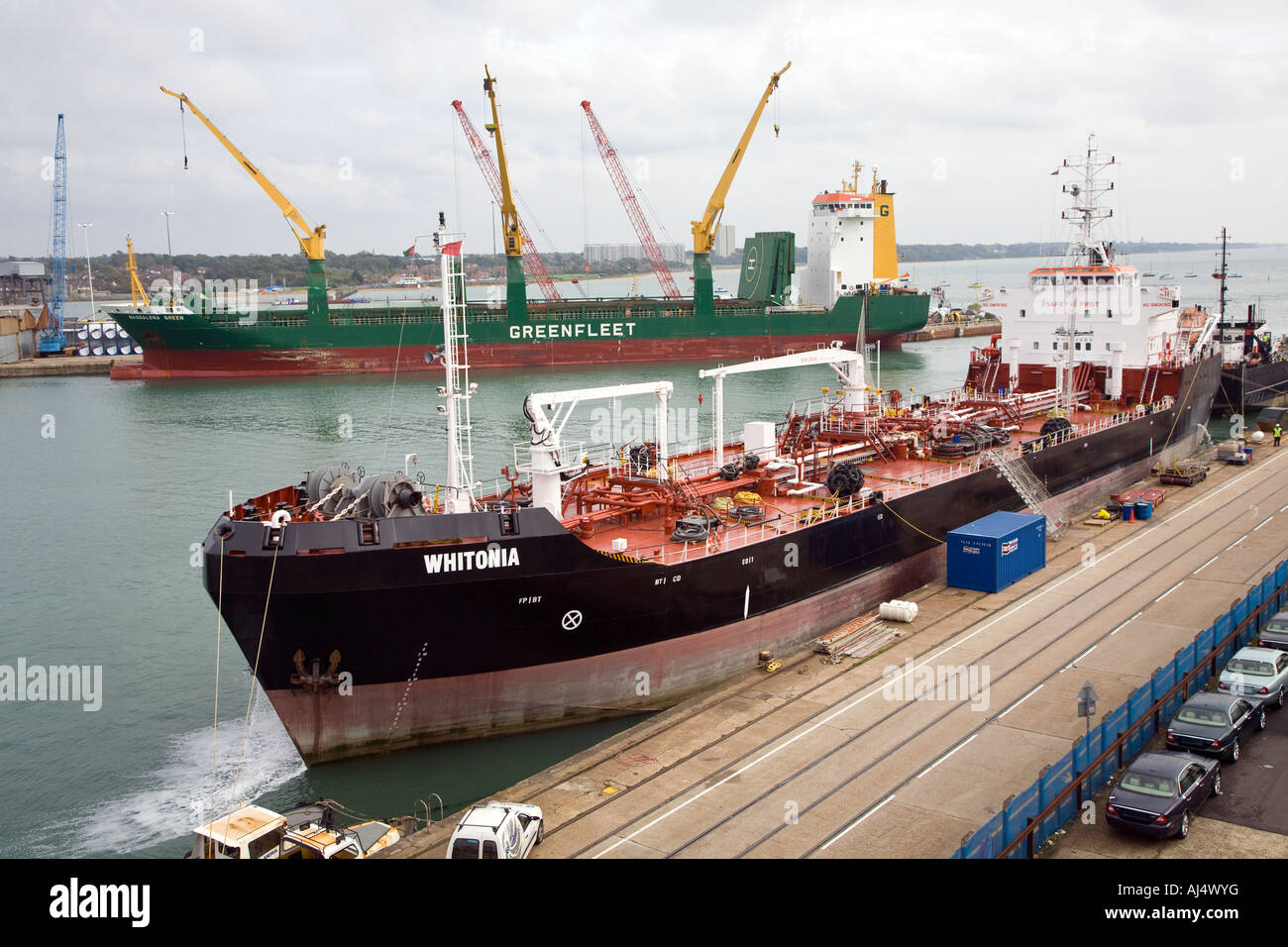 Cargo ships Whitonia being loaded and off loaded at Southampton Docks Stock Photo
