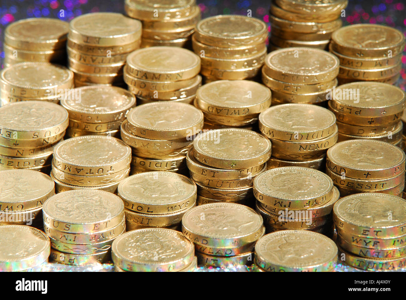 Lots of British sterling £1 coins. Stock Photo