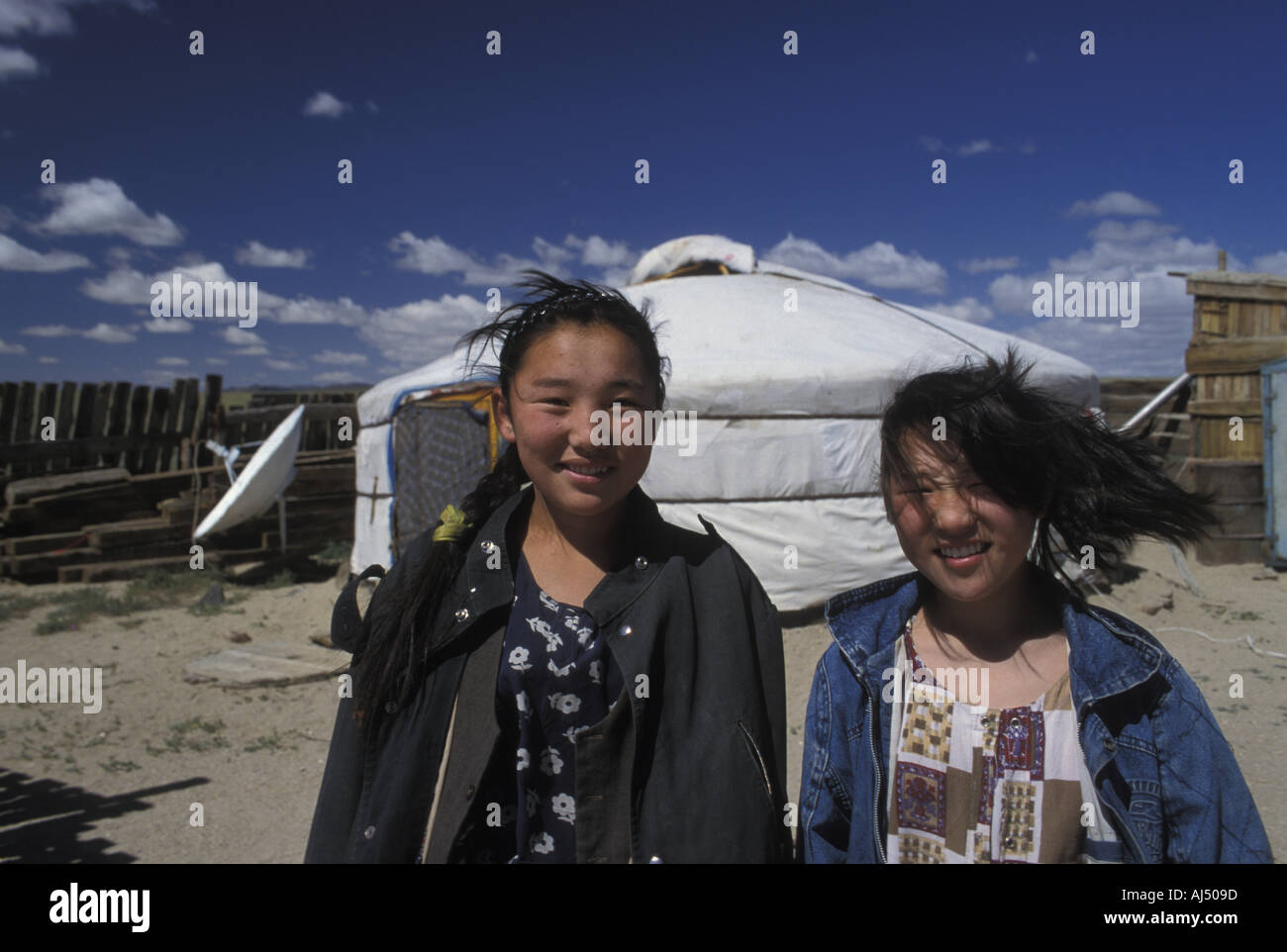 Children outside their family s ger yurt on the edge of the Gobi desert ...