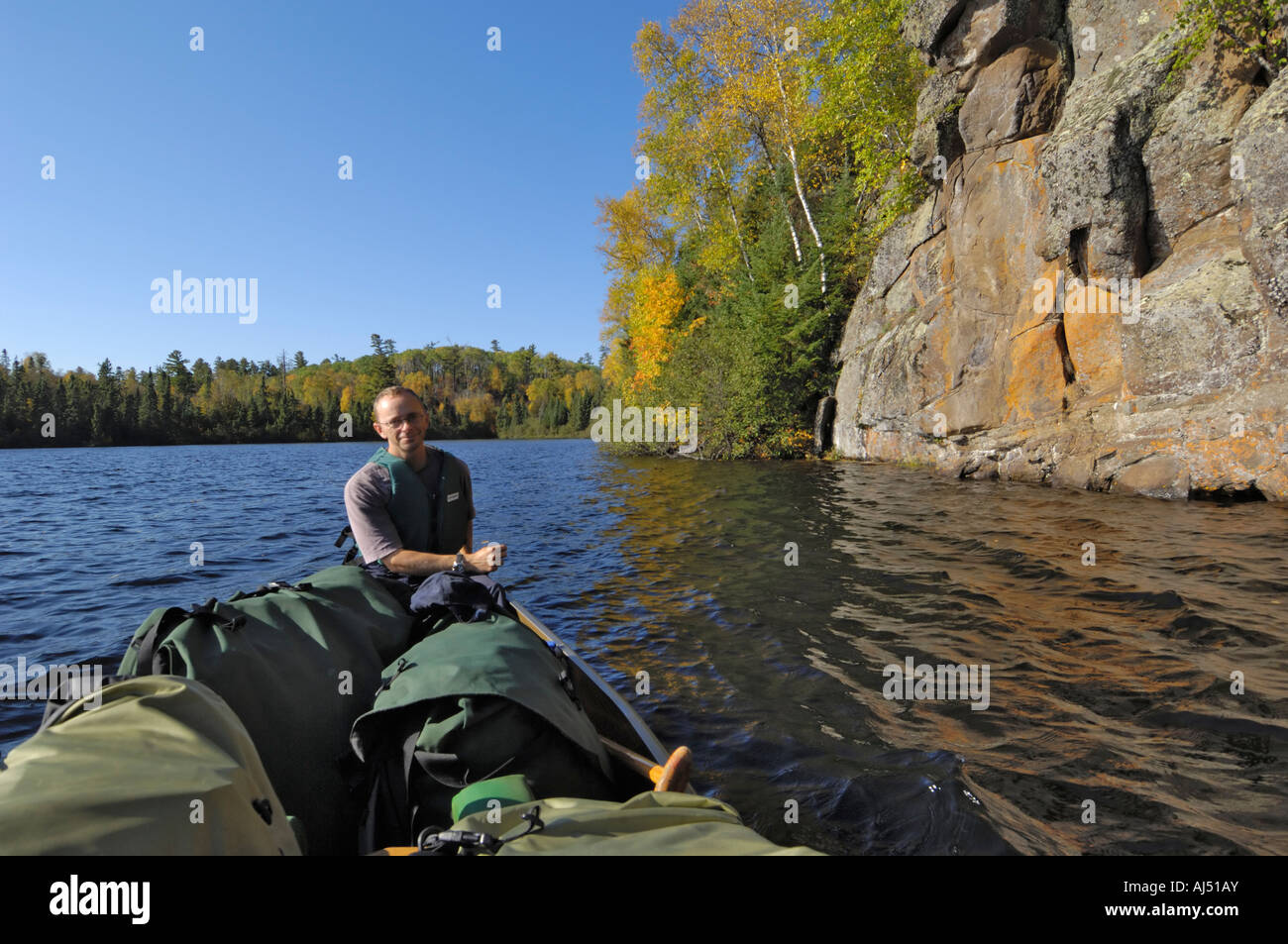 Canoeing on Gordon Lake, Boundary Waters Canoe Area Wilderness, Superior National Forest, Minnesota, USA - NOT QUITE PIN SHARP Stock Photo