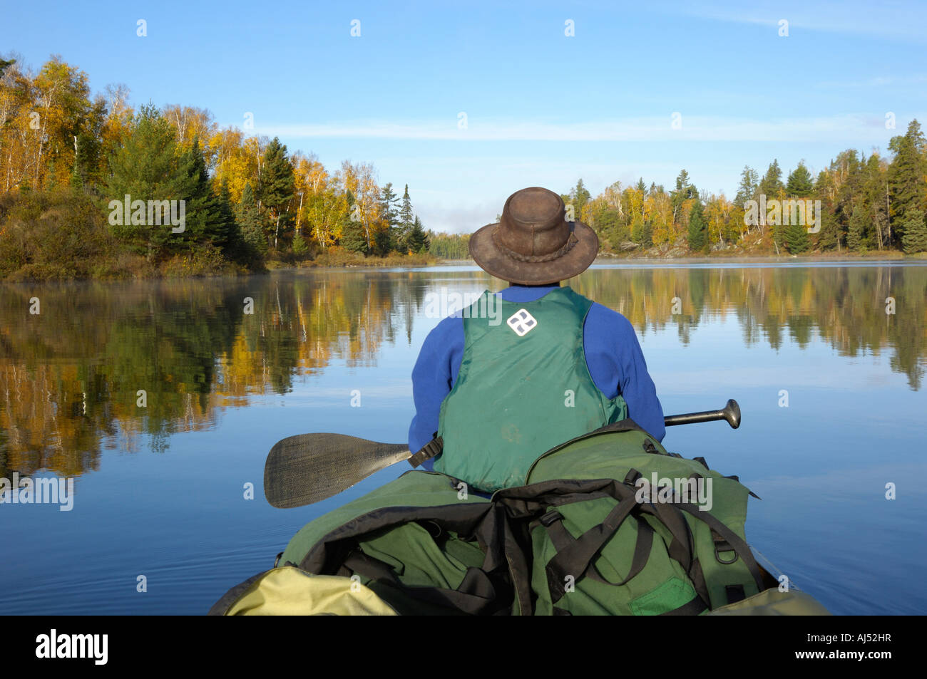 Canoeing on Hoe Lake, Boundary Waters Canoe Area Wilderness, Superior National Forest, Minnesota, USA Stock Photo