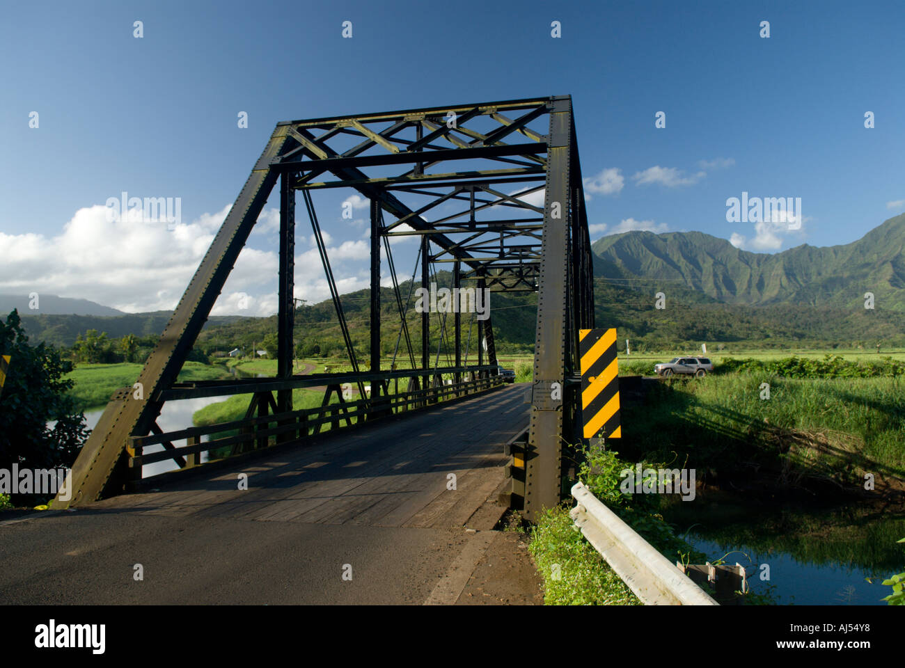 One lane bridge over the Hanalei River Kauai Hawaii Stock Photo