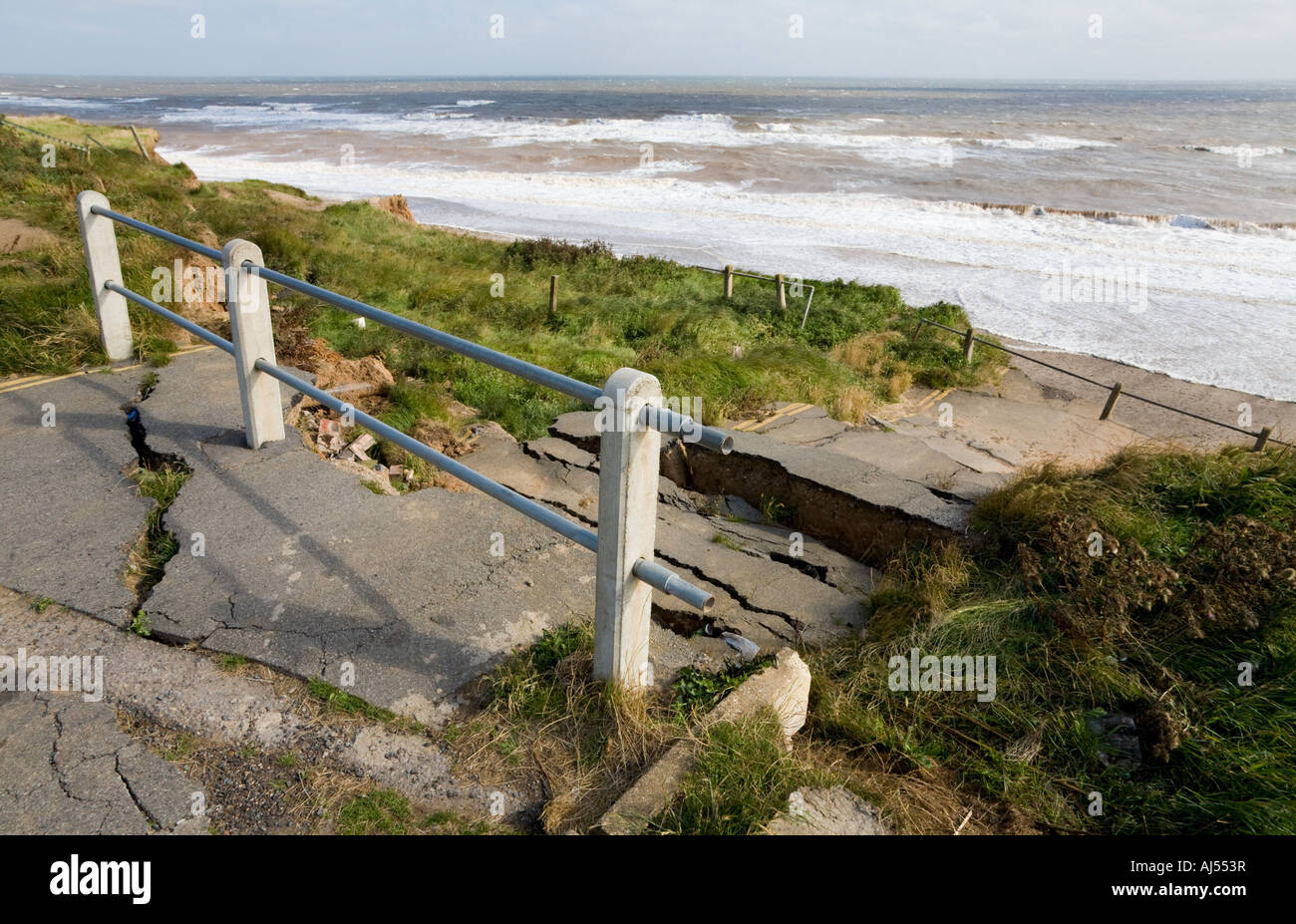 Seaside Road barrier in Aldbrough, Yorkshire, UK. Erosion along the North Sea coastline. Stock Photo