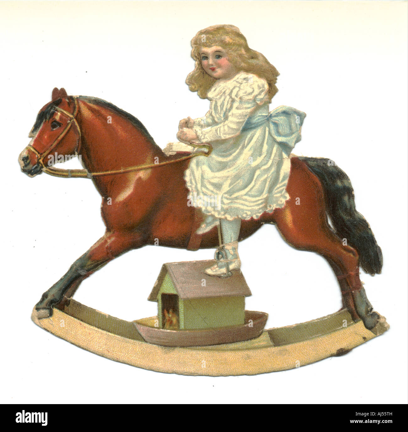 Child sitting sidesaddle on rocking horse circa 1885 Stock Photo