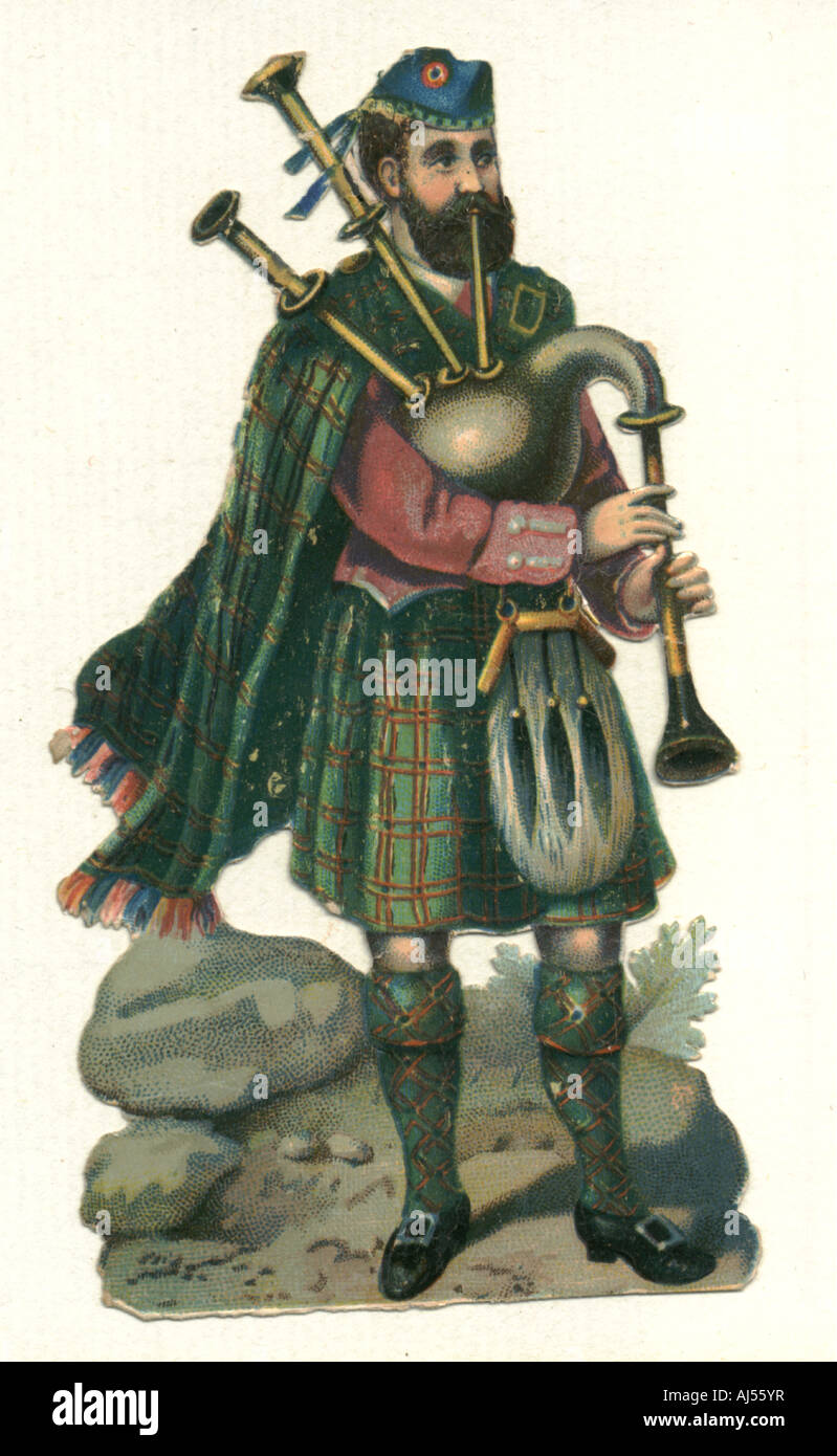 Chromolithographed die cut scrap of Highlander playing bagpipes Stock Photo