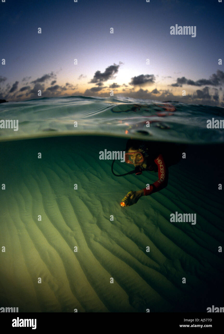 San Salvador under over at Sunset Diver with flash light rippled sand bottom Stock Photo
