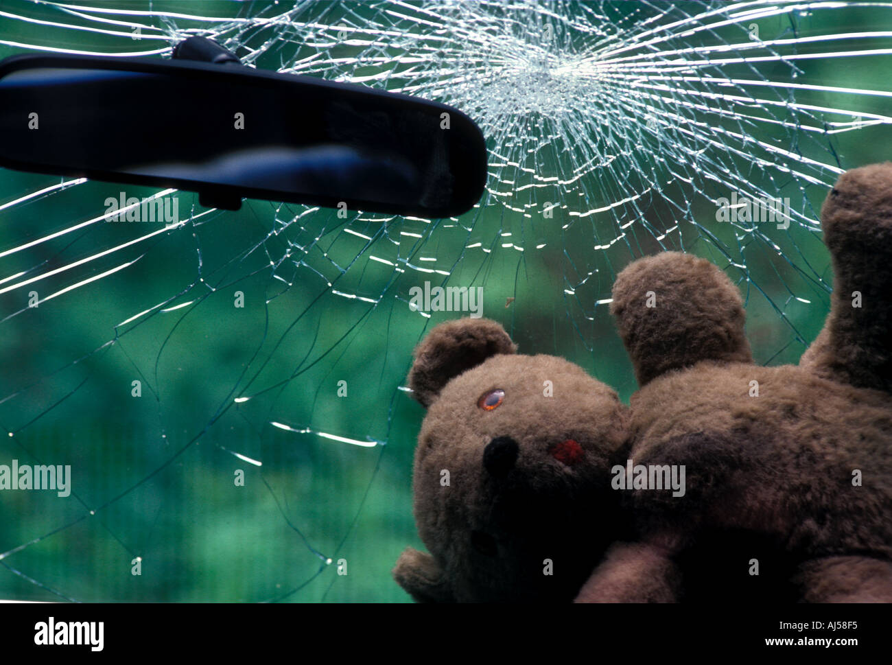 Childs teddy bear and cracked windshield at scene of a Tragical automobile accident Stock Photo