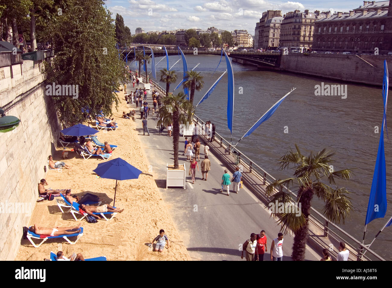 People enjoying the artificial beach during the summer "Paris Plage
