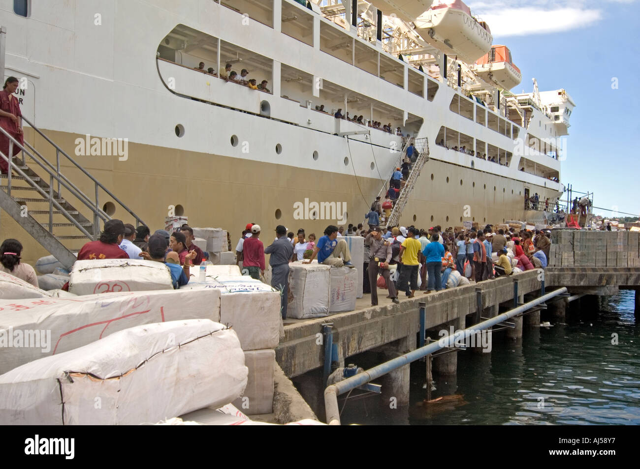 Photo of a Pelni ship in the harbour of Jayapura, a symbol of transmigration. West Papua, Indonesia Stock Photo