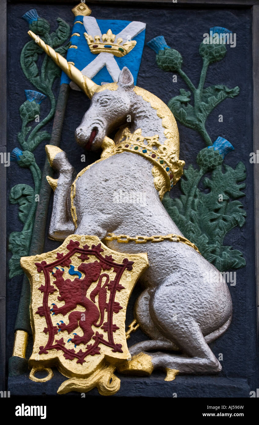 The heraldic unicorn and Royal Arms of King James V of Scotland is displayed on the Abbey Stand wall, Holyrood Palace, Edinburgh Stock Photo
