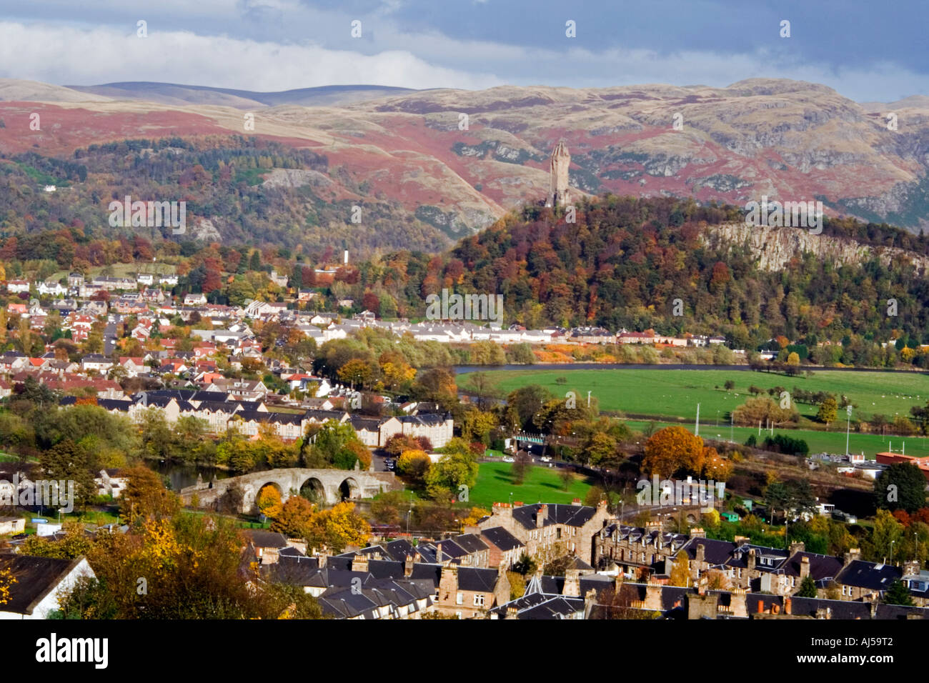 Autumn view of the Ochil hills Abbey craig and the Wallace monument