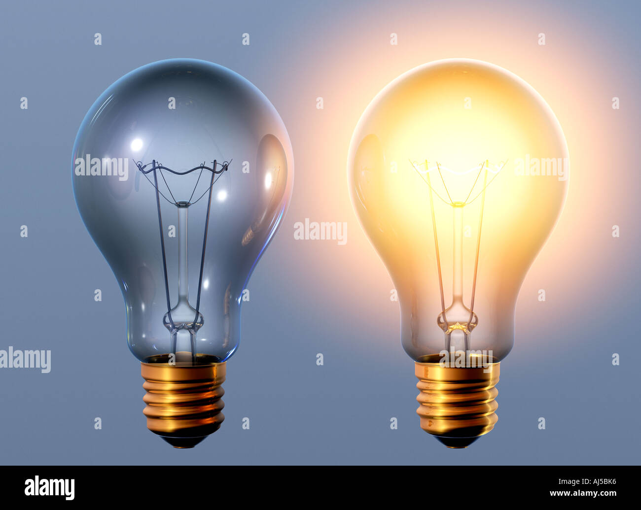 two electric bulbs one bulb with hot filament and the other bulb is not shining Stock Photo