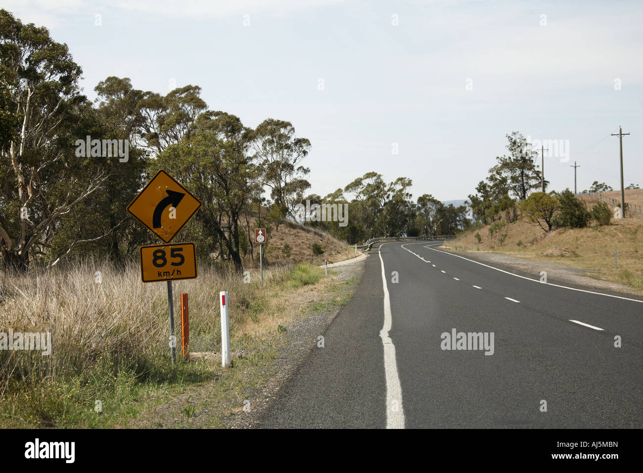 Road and bend with 85km h speed limit sign in Blue Mountains New South Wales NSW Australia Stock Photo
