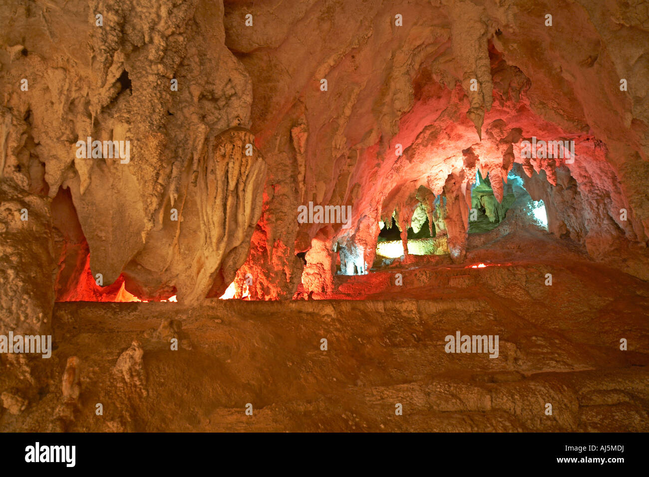 Stalagmites and stalagtites with coloured lights in Chifley Cave at Jenolan Caves in Blue Mountains New South Wales NSW Austral Stock Photo