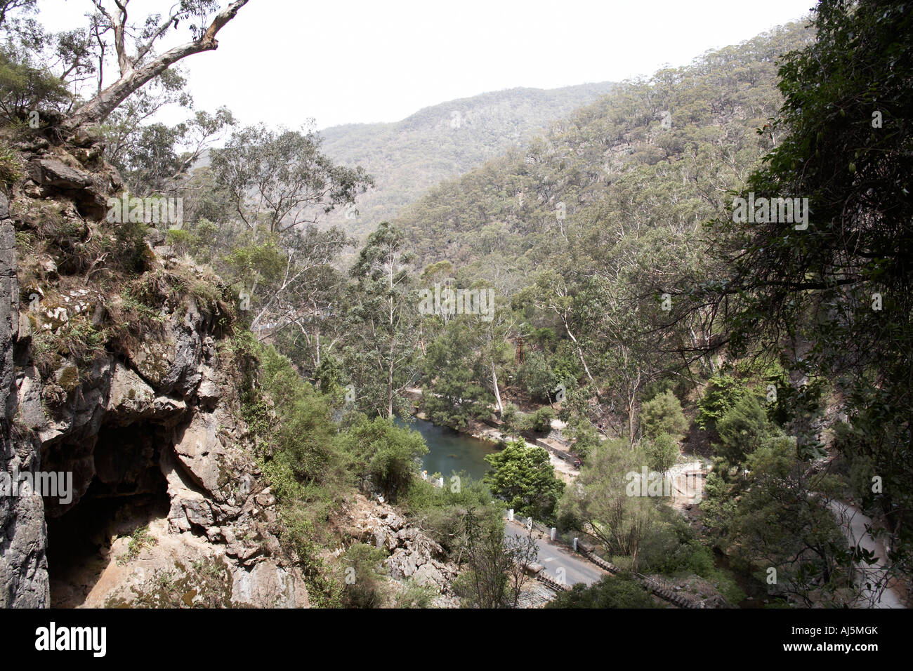 Blue Lake among gum tree forest at Jenolan Caves in Blue Mountains New South Wales NSW Australia Stock Photo