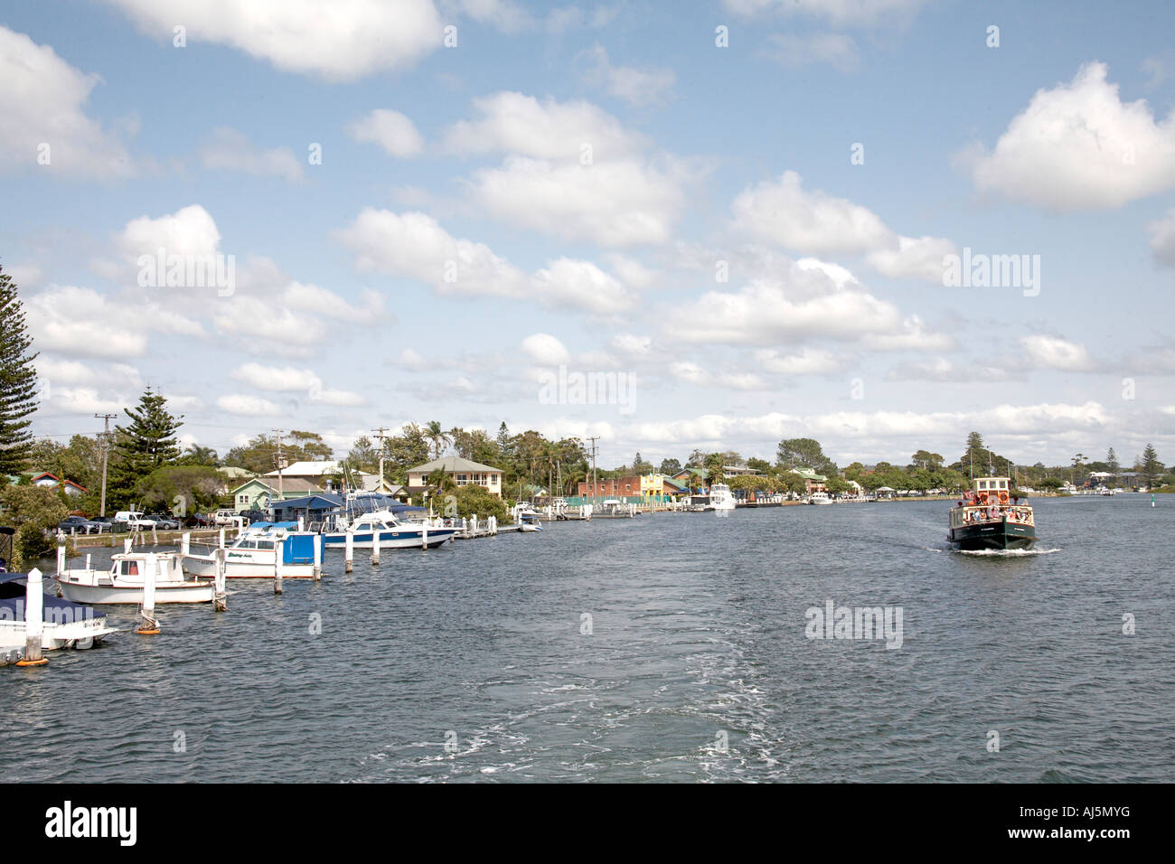 Ferry on Myall River leaving Tea Gardens near Hawks Nest Port Stephens