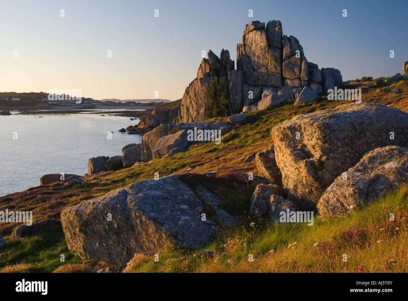 View towards Porthcressa beach and Hugh Town fom Peninnis Head on St Marys island Isles of Scilly Cornwall UK Stock Photo