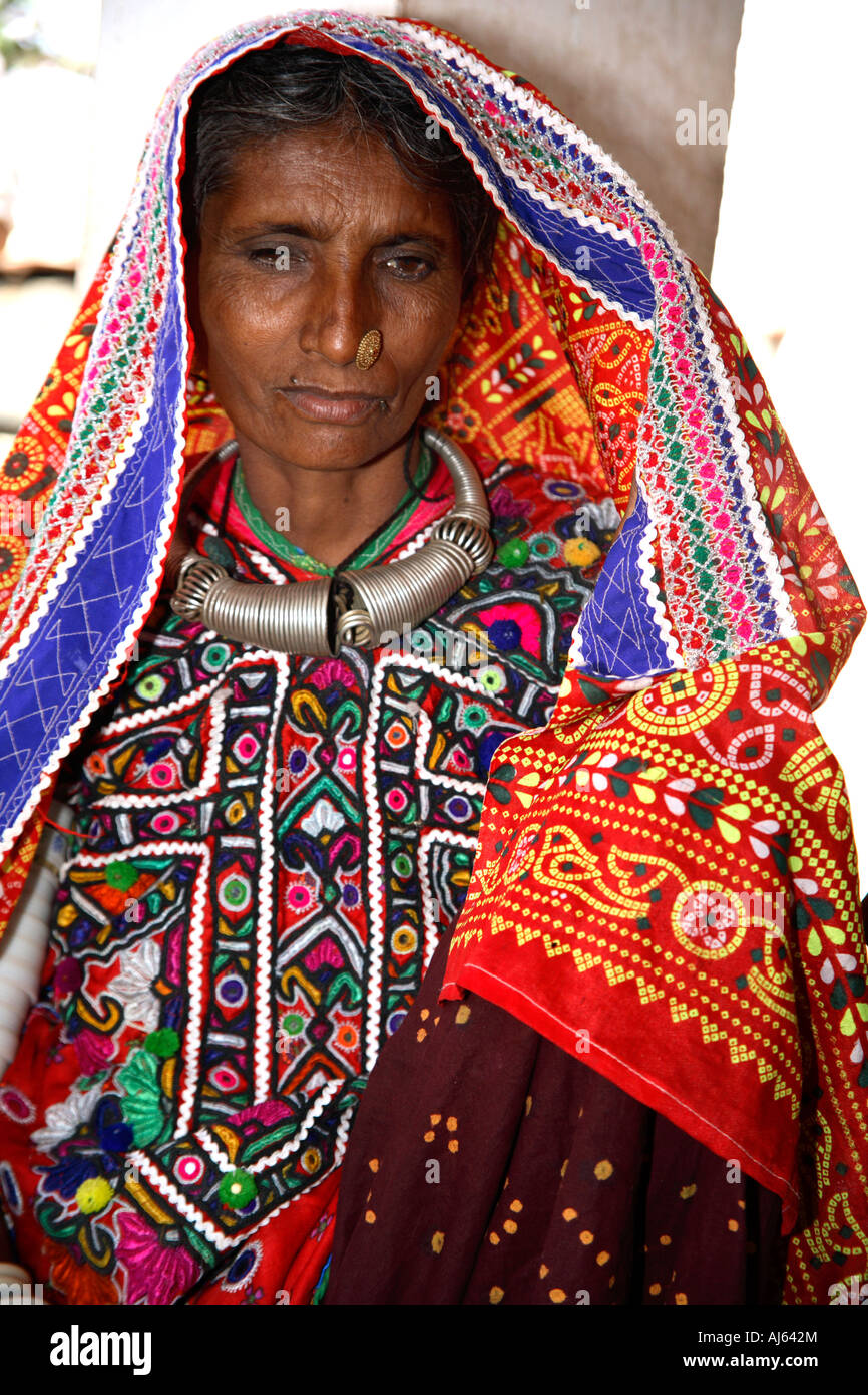 Portrait of Harijan Tribal woman in Ludia Village, nr Khavda, Kutch district, Gujarat, India Stock Photo