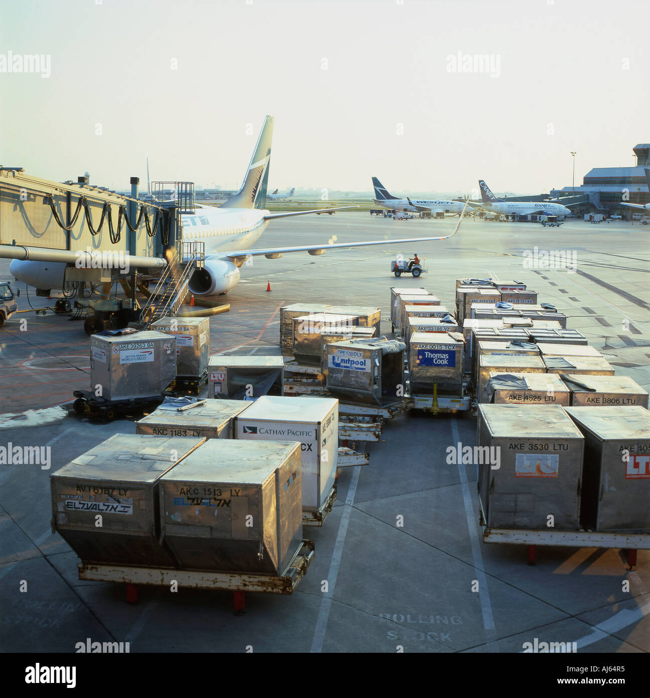 Air cargo in metal containers being loaded onto airplane outside on the tarmac at Lester Pearson Airport Toronto Ontario Canada  KATHY DEWITT Stock Photo