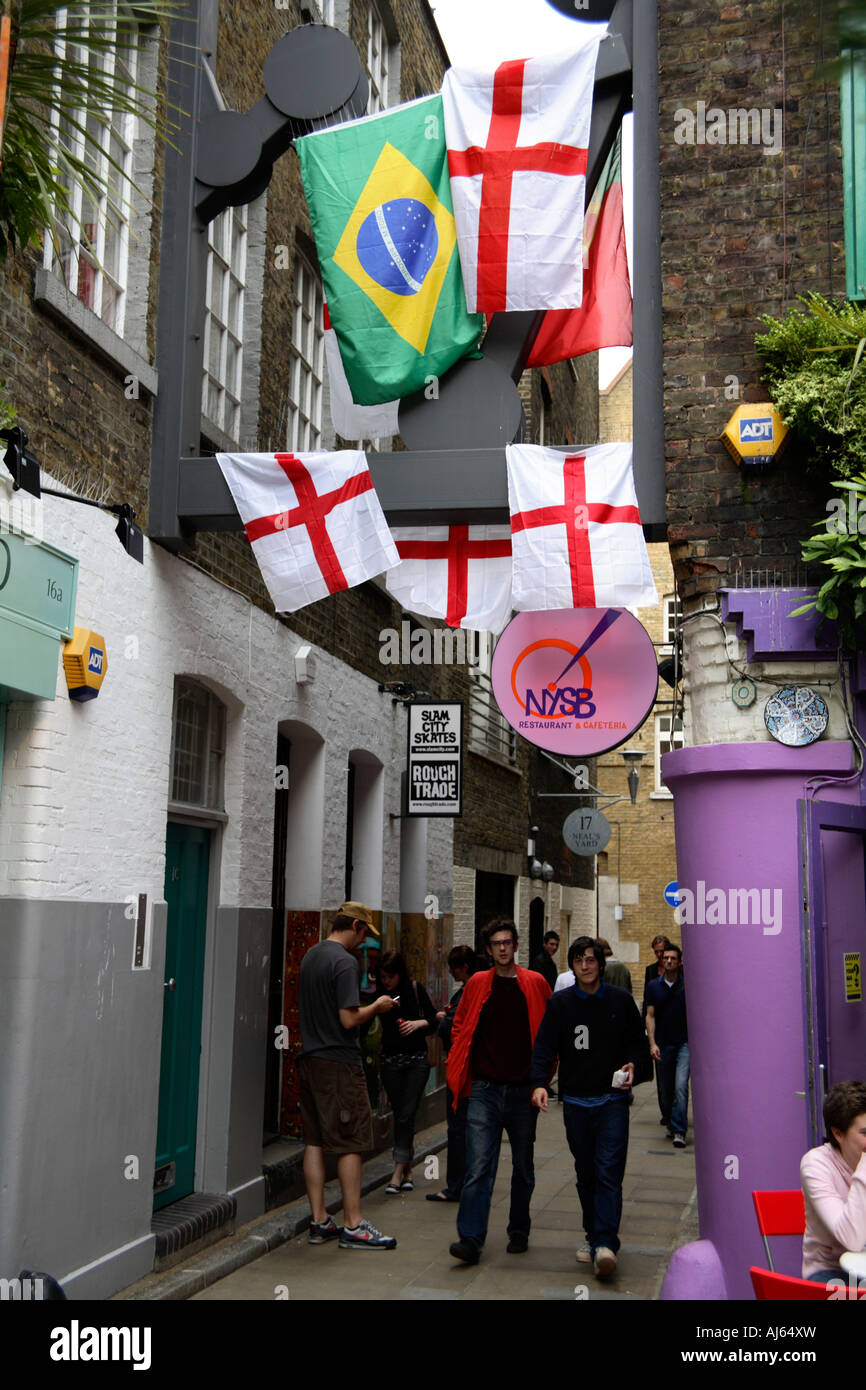 National flags hanging between buildings in Soho, London, World Cup Finals, 2006 Stock Photo