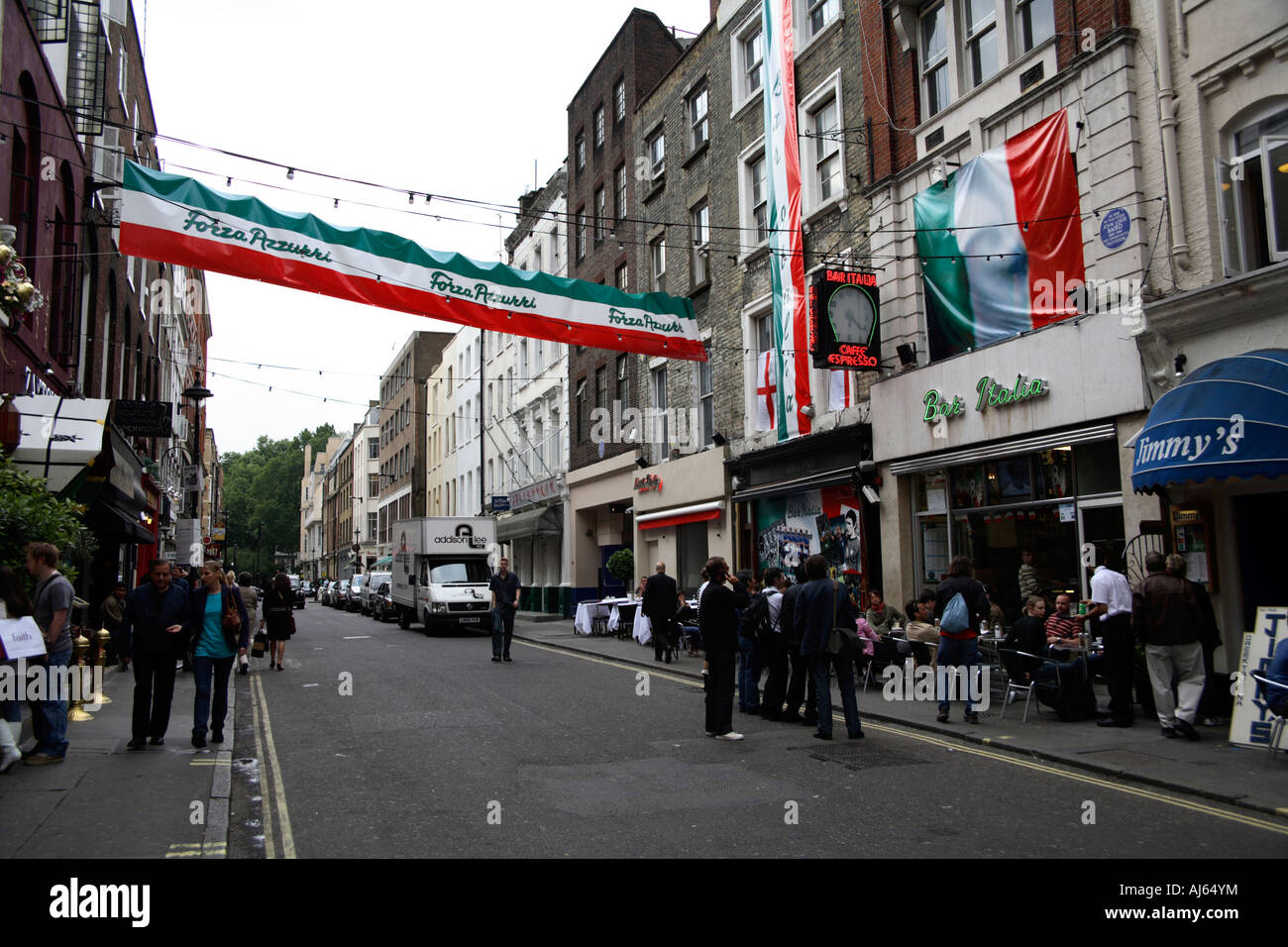 Football flags hanging outside Bar Italia in Soho, London, World Cup Finals, 2006 Stock Photo