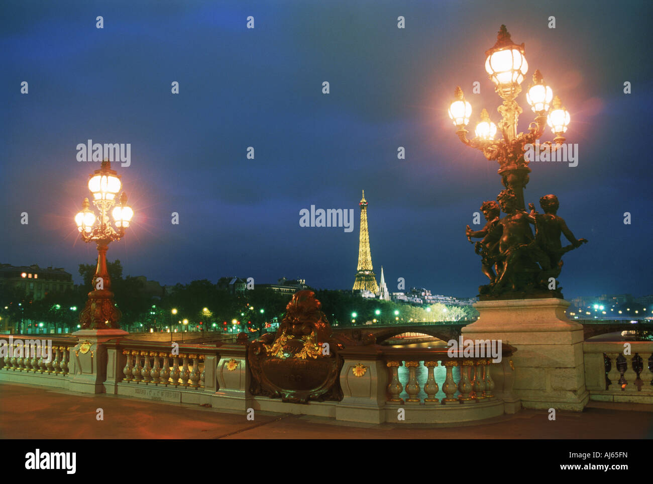 Pont Alexandre III with Eiffel Tower in Paris at twilight Stock Photo ...
