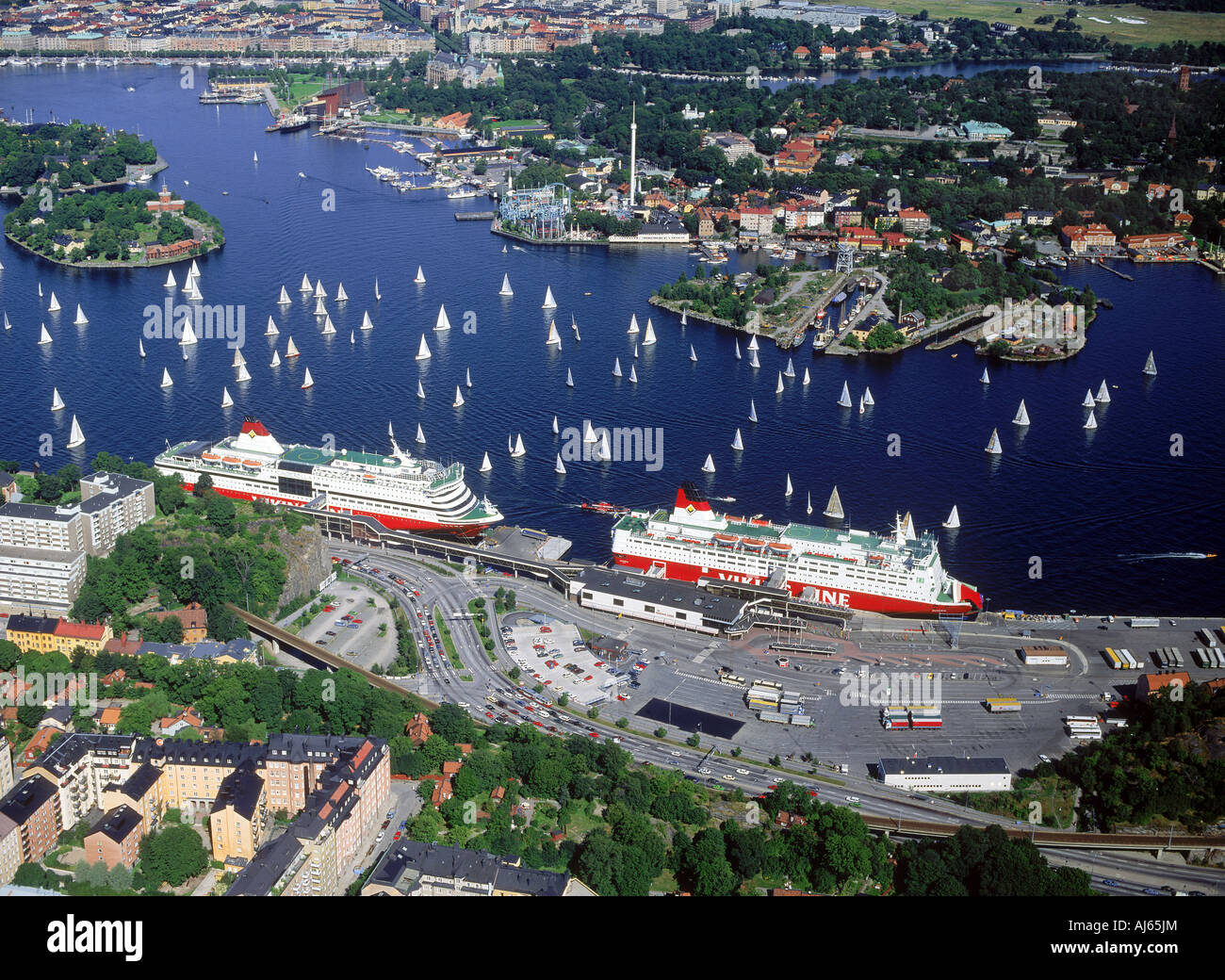 Aerial view of Stockholm with sailboats on Saltsjön and Viking Line  passenger ships at Masthamnen docks Stock Photo - Alamy