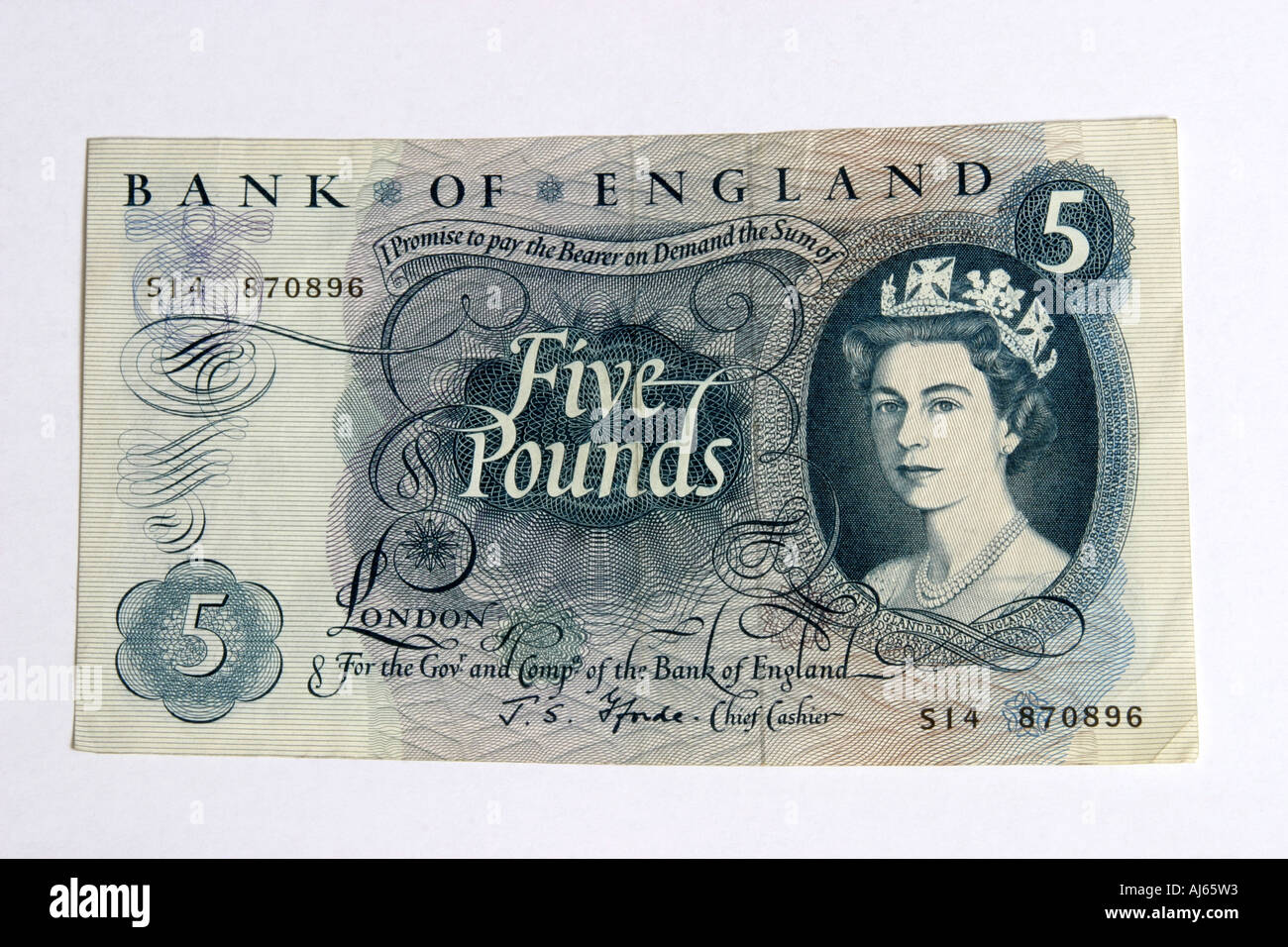 A 1960 English five pound note. Stock Photo