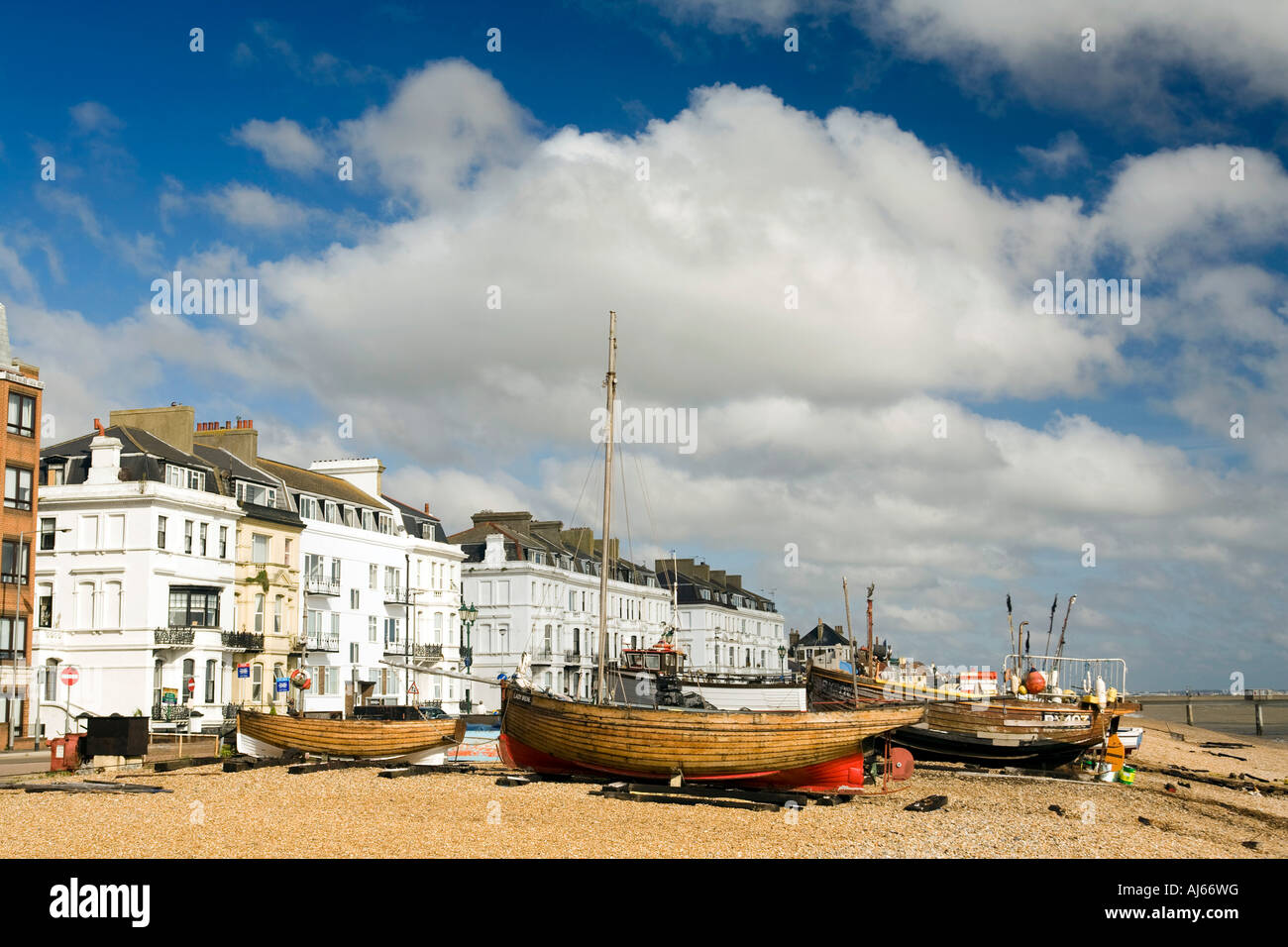 UK Kent Deal The Strand fishing boat on the beach near seafront houses