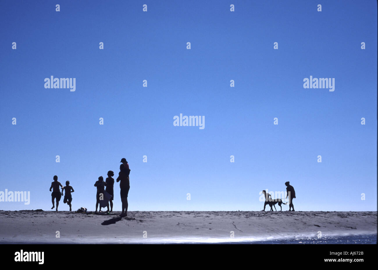 Family Sihouetted on Beach Against a Blue Sky UK Stock Photo