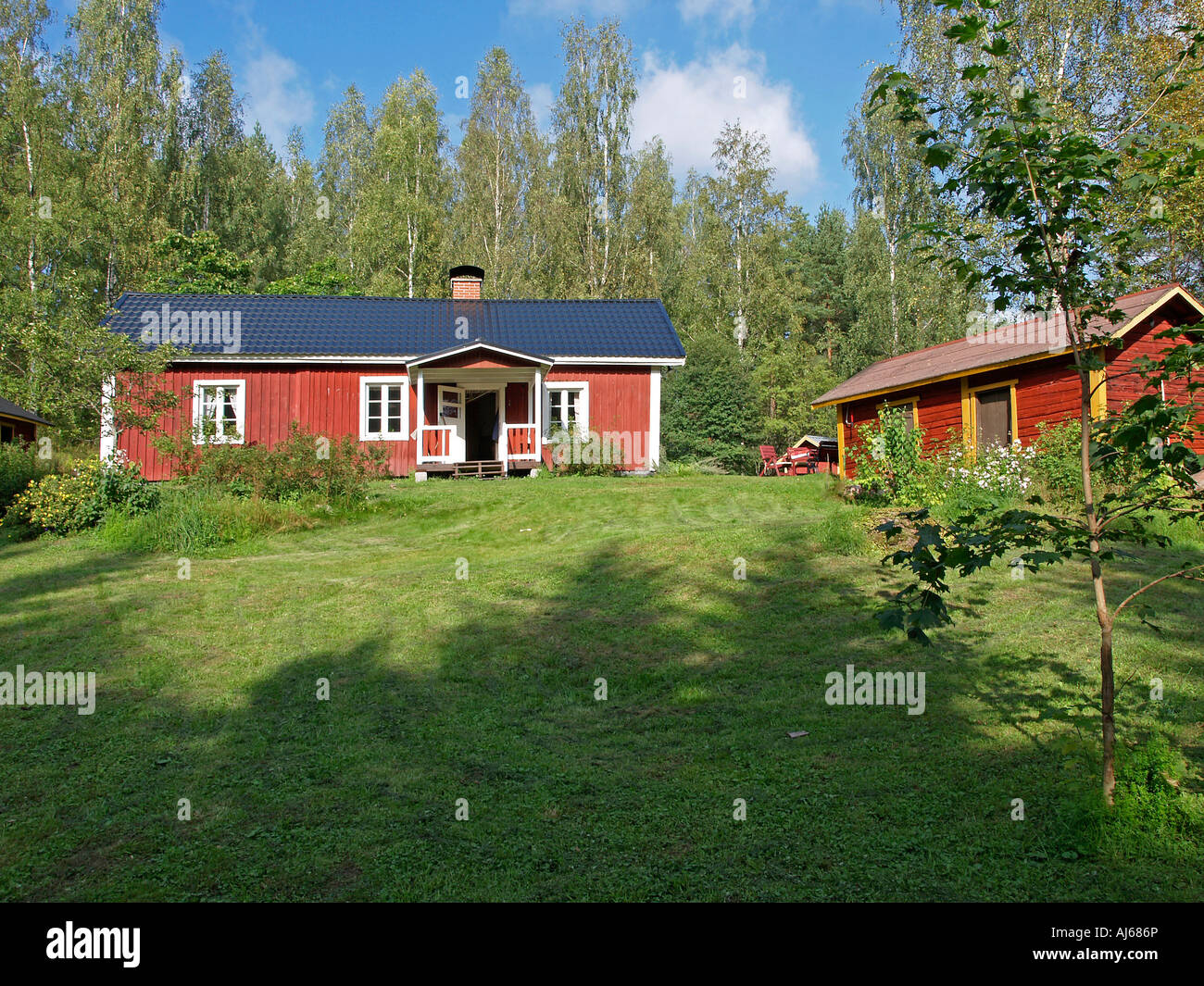typical scandinavian red wooden timber house in Finland Stock Photo Alamy