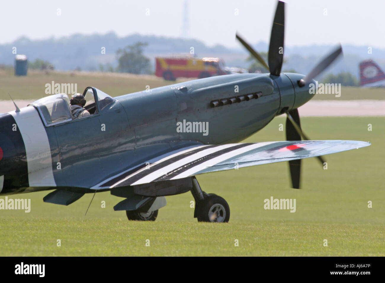 Griffon engined Spitfire with Contrarotating propellers taxing Duxford