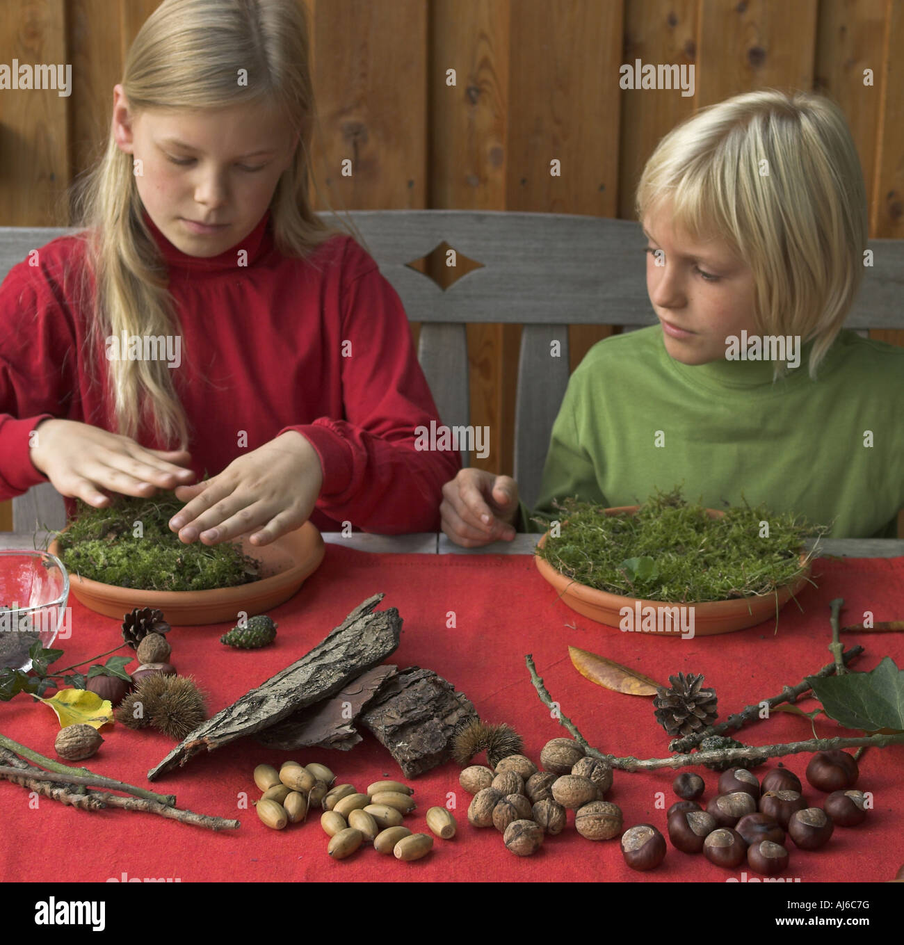 children handikrafting with nature materials Stock Photo Alamy