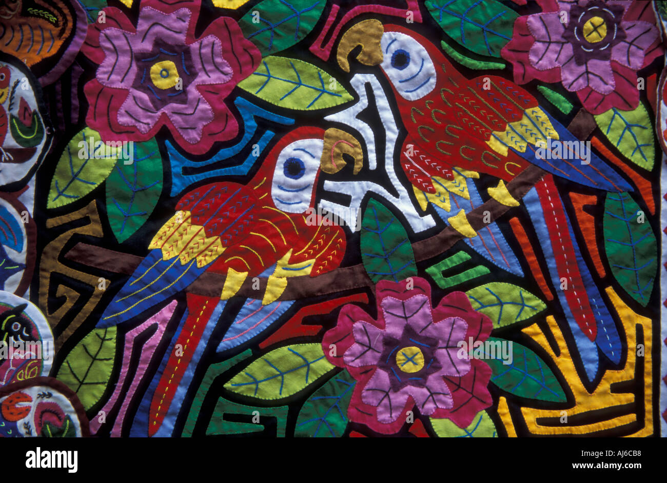 A colourful Mola on display for sale made by Kuna women on The San Blas