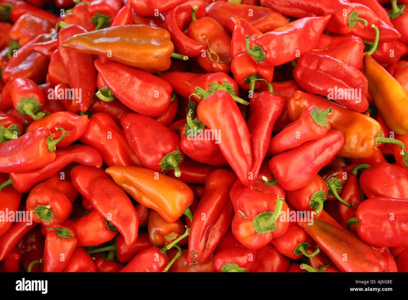 Close up of red peppers on a market stall  Stock Photo