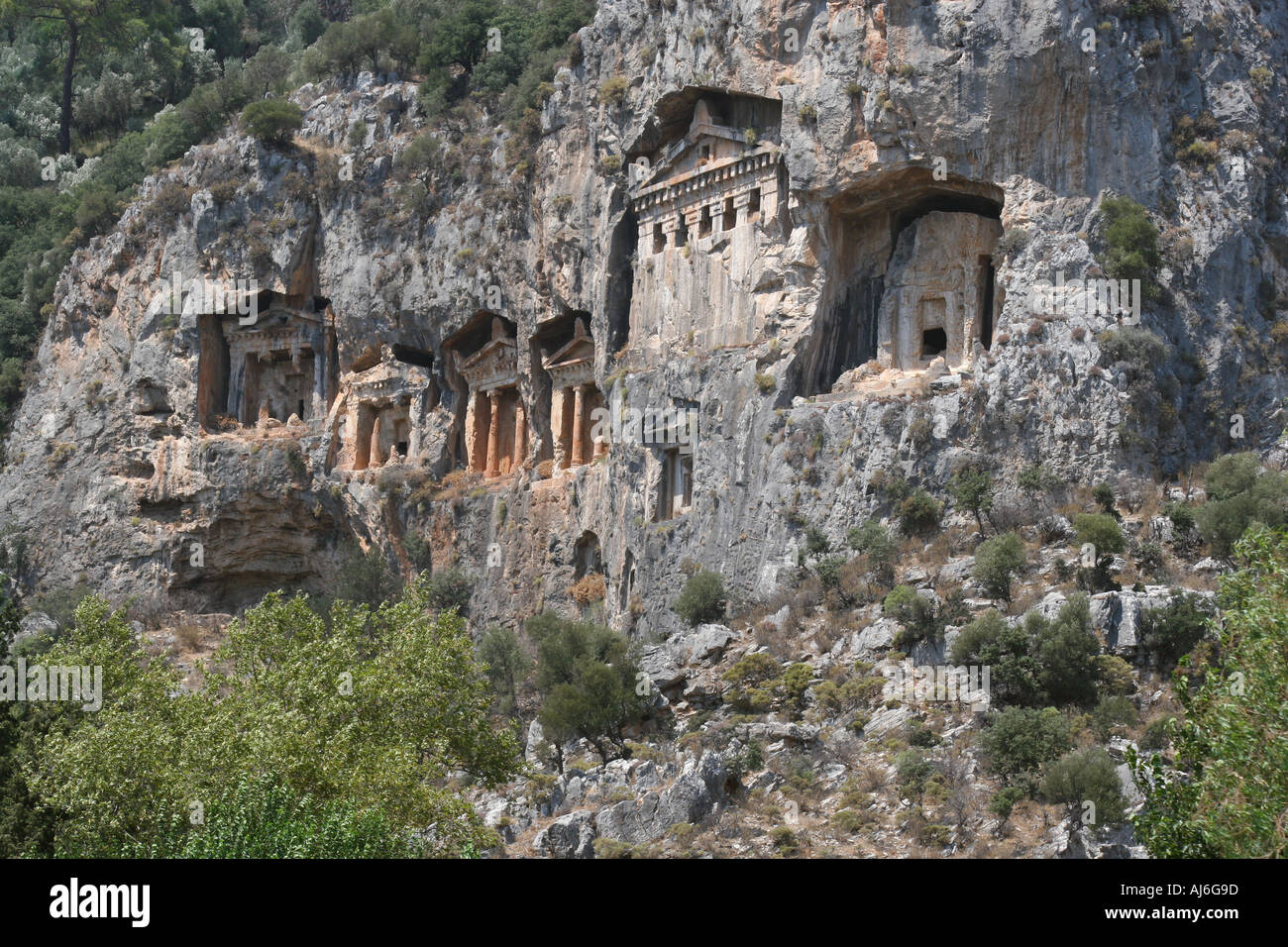 Fourth century rock tombs in the Lycian style near Kaunos Dalyan Turkey  Stock Photo