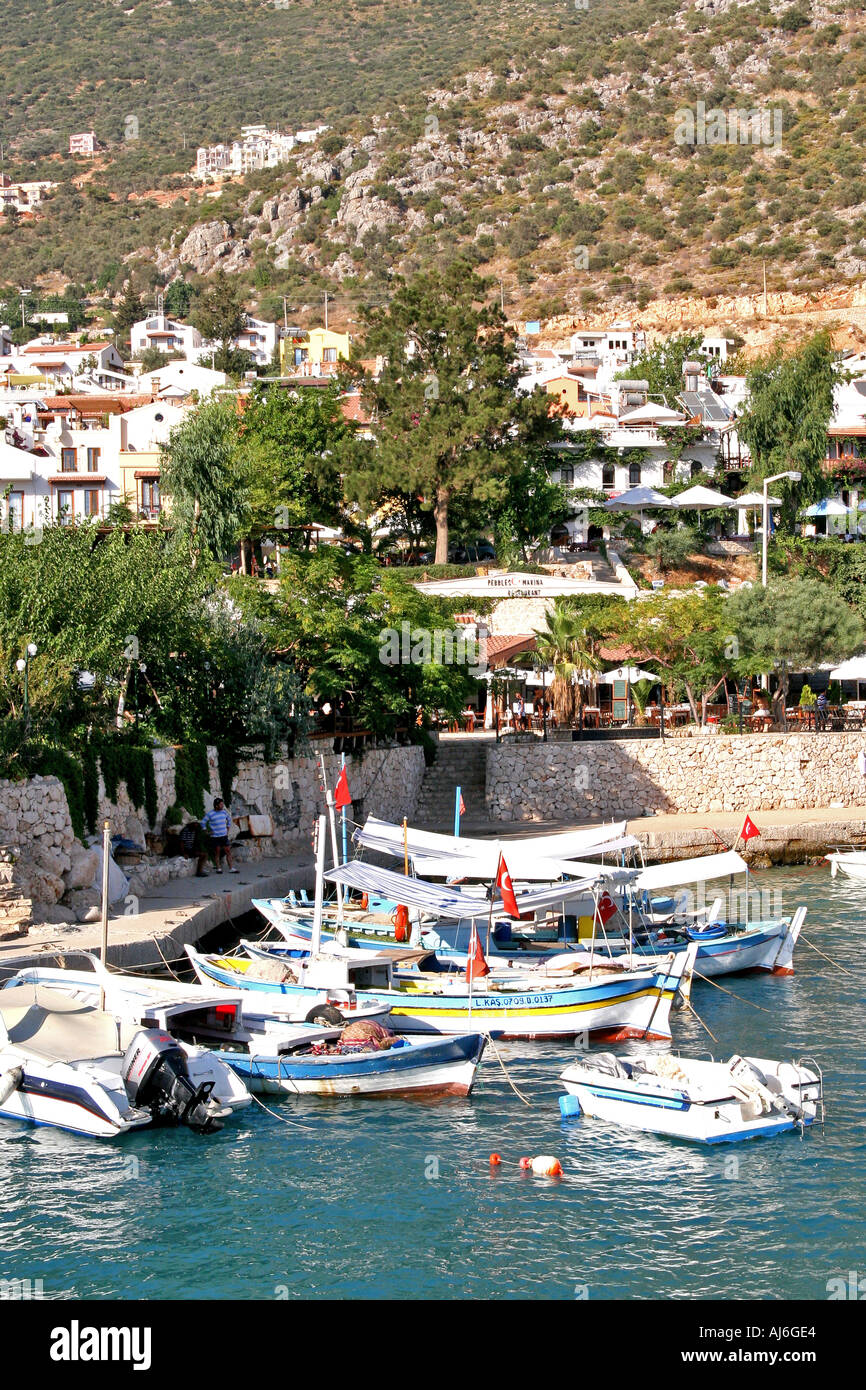 Fishing boats moored in Kalkan harbour Turkey  Stock Photo