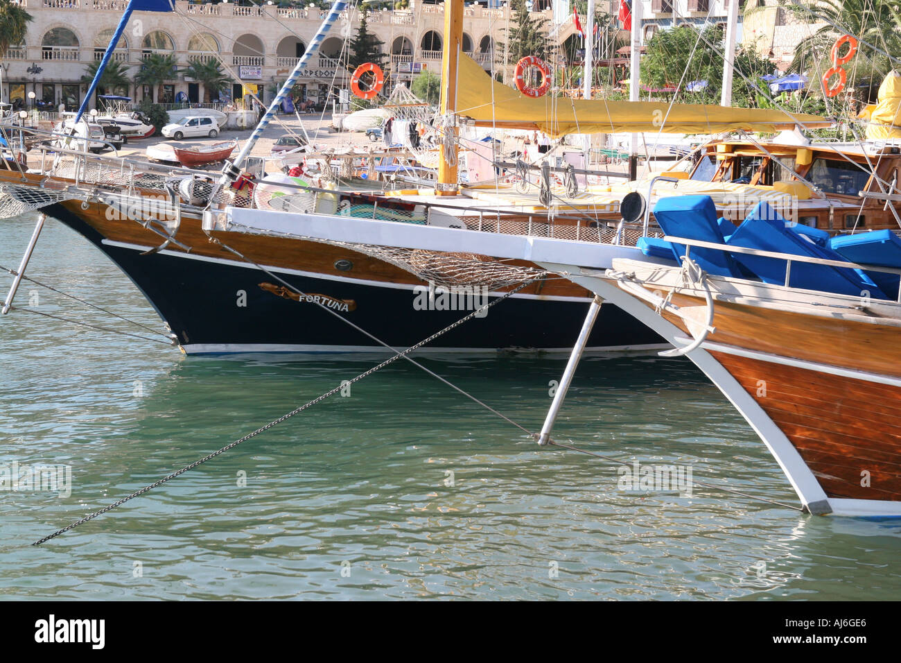 The bows of yachts moored in Kalkan harbour Turkey  Stock Photo